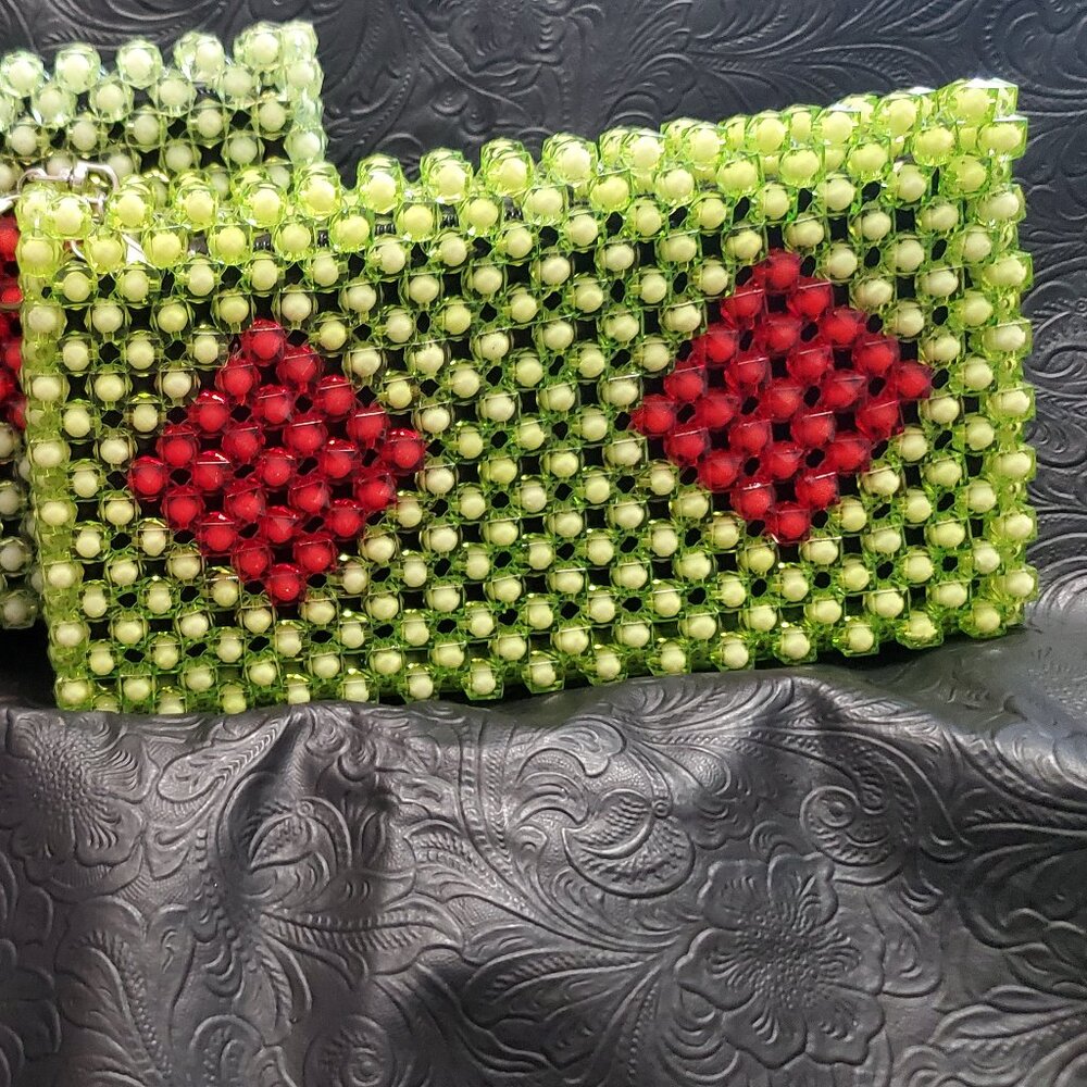 Beaded Lime Green with two Red Diamonds design Bead Purse **Brand New**